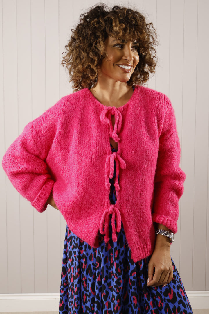 Tie Woollen Cardigan Fuchsia
