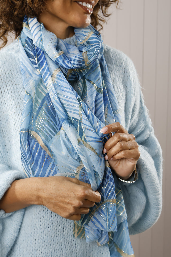 Gold Leaf Print Scarf Blue