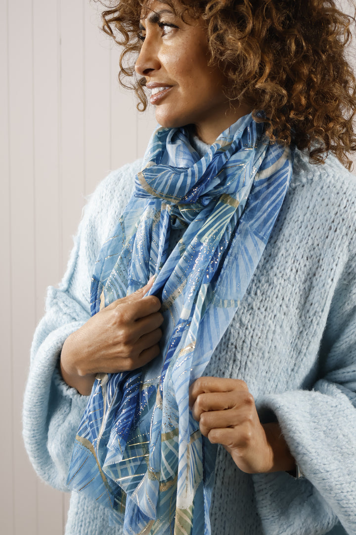 Gold Leaf Print Scarf Blue
