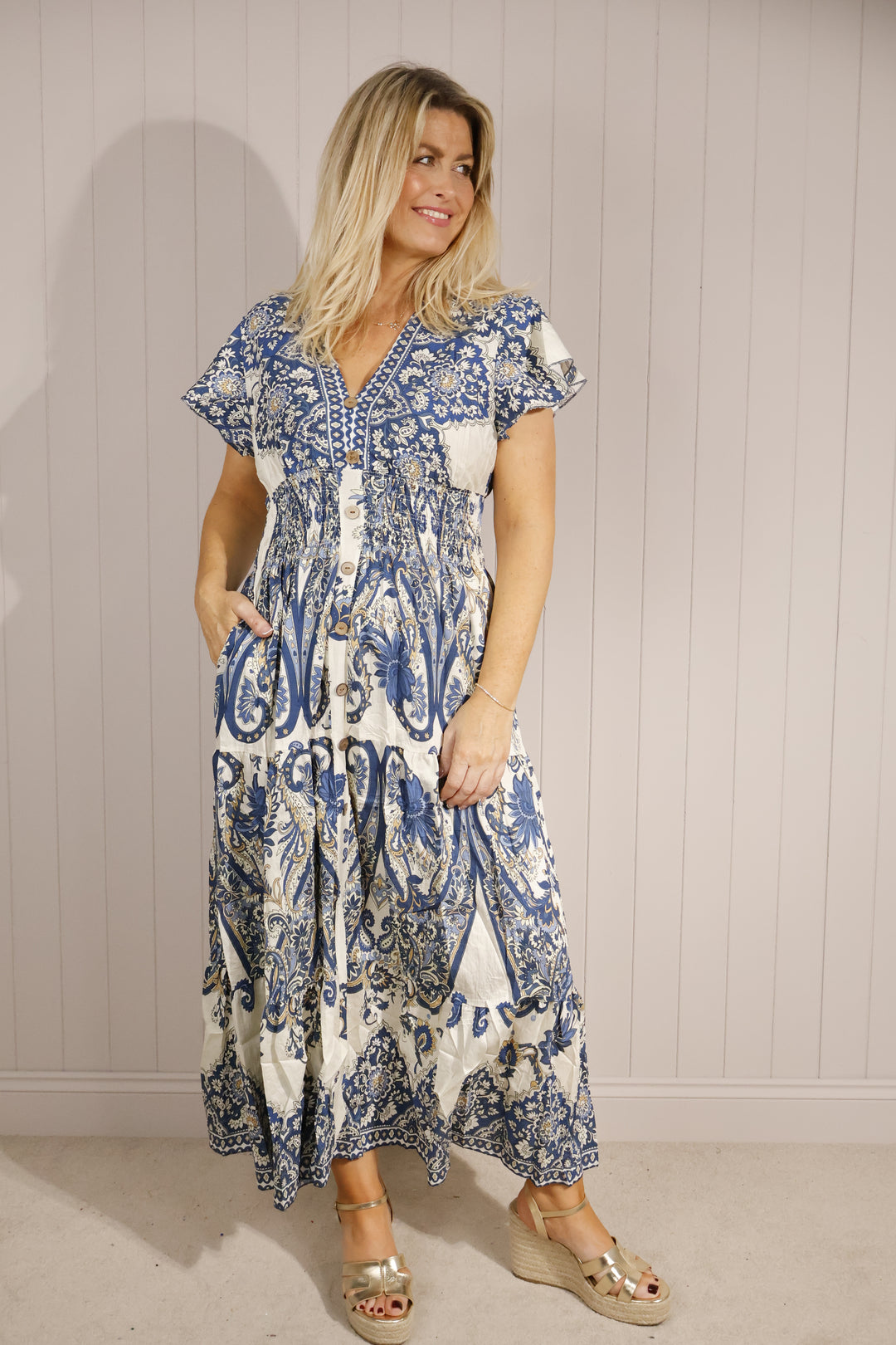 Pria Paisley Shirred Maxi Dress Navy