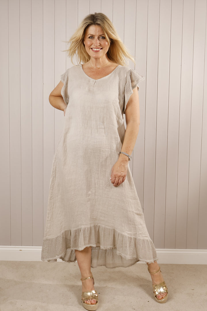 Frill edge Linen Maxi Dress Beige