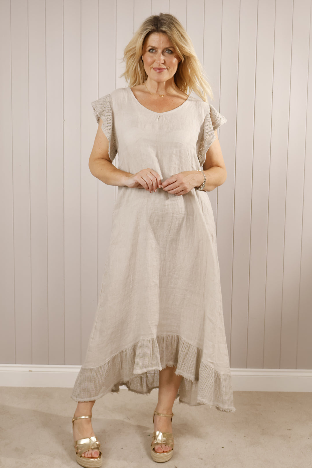Frill edge Linen Maxi Dress Beige