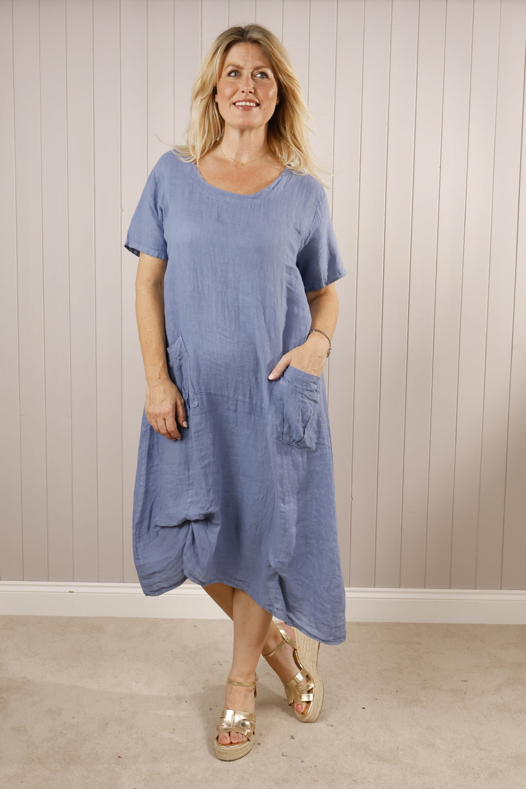 Front pocket Linen Dress Denim Blue