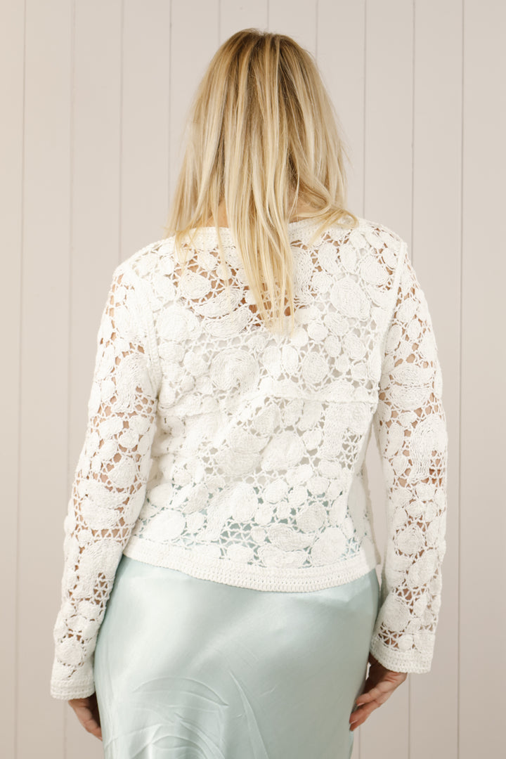 Romilly Gold Button crochet cardi White
