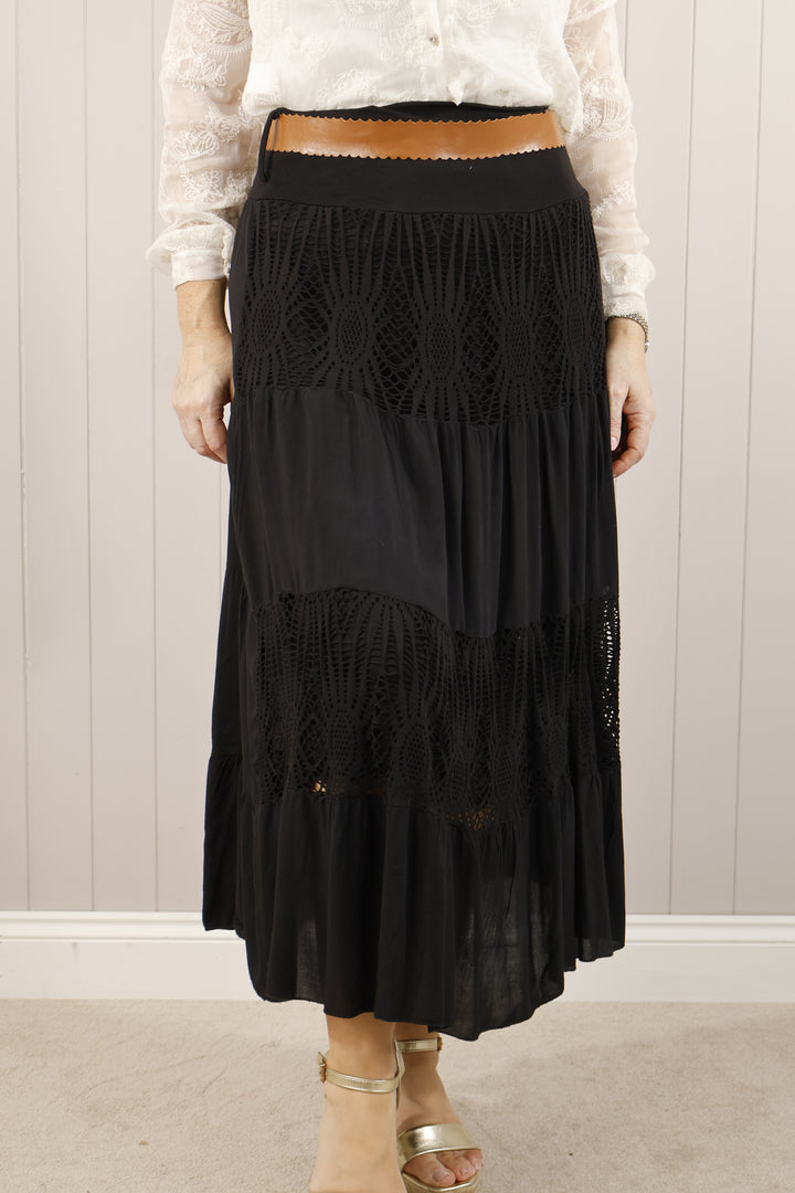 Crochet Panel Gypsy Skirt  Black