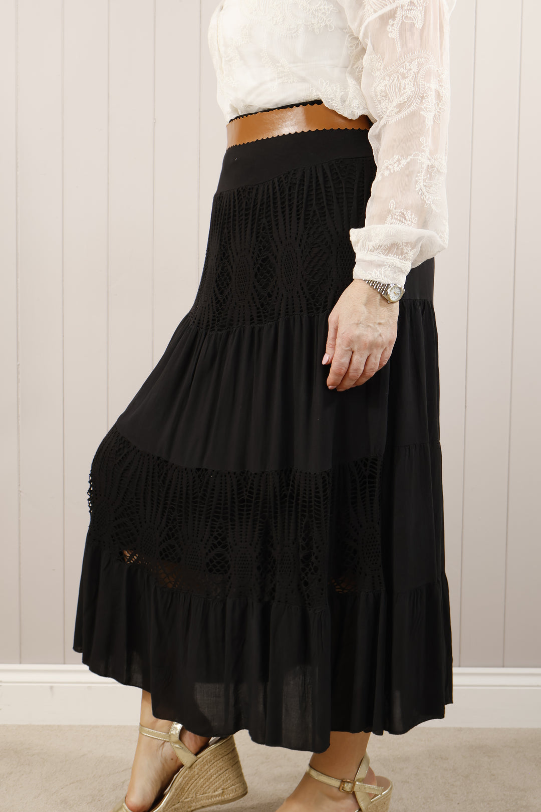 Crochet Panel Gypsy Skirt  Black