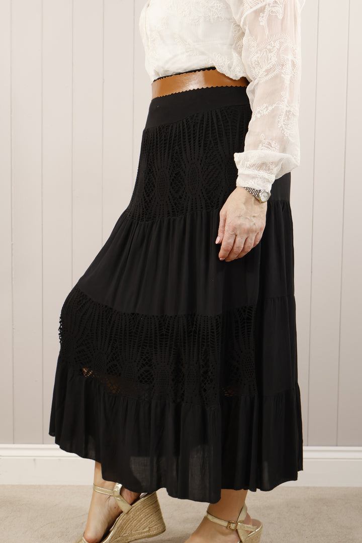 Crochet Panel Gypsy Skirt  Black