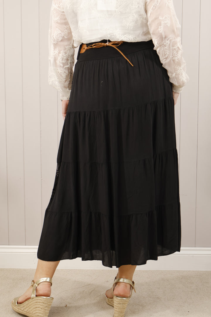 Crochet Panel Gypsy Skirt  Black