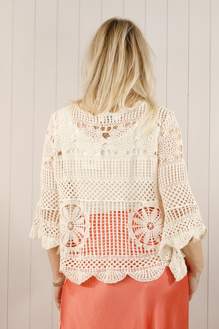 Verity Fluted sleeve crochet Top Beige