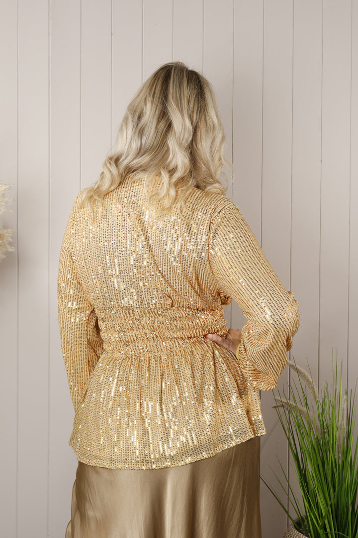 Shirred Waist Sequin Top Gold