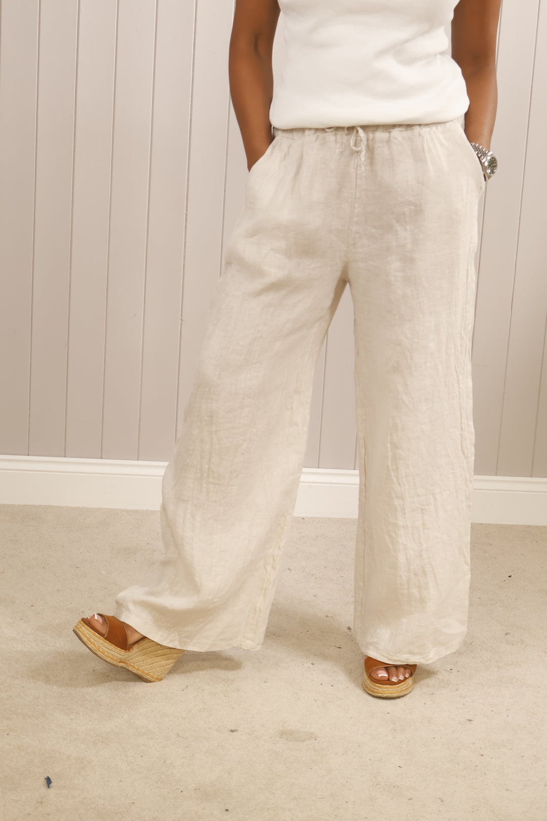Linen Wide Leg Trousers Beige