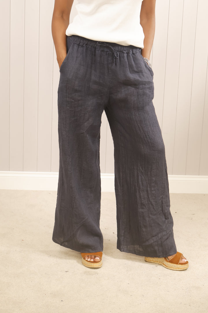 Linen Wide Leg Trousers Navy