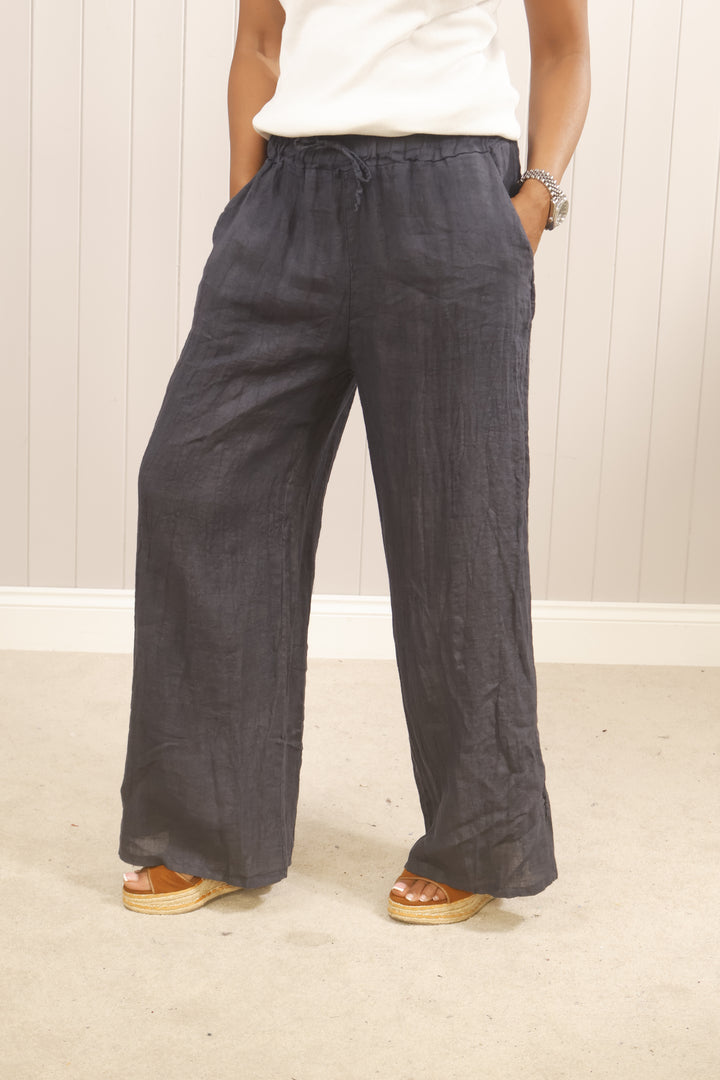 Linen Wide Leg Trousers Navy
