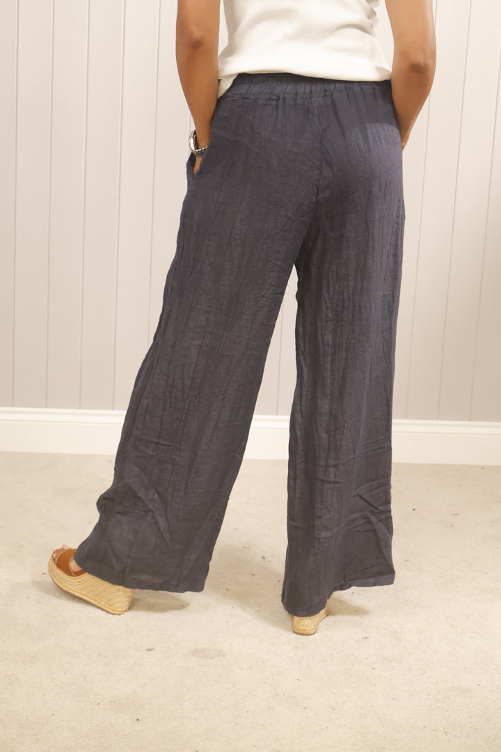 Linen Wide Leg Trousers Navy