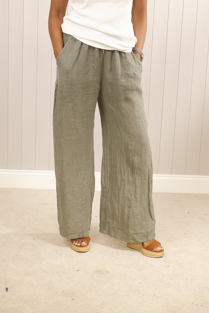 Linen Wide Leg Trousers Khaki