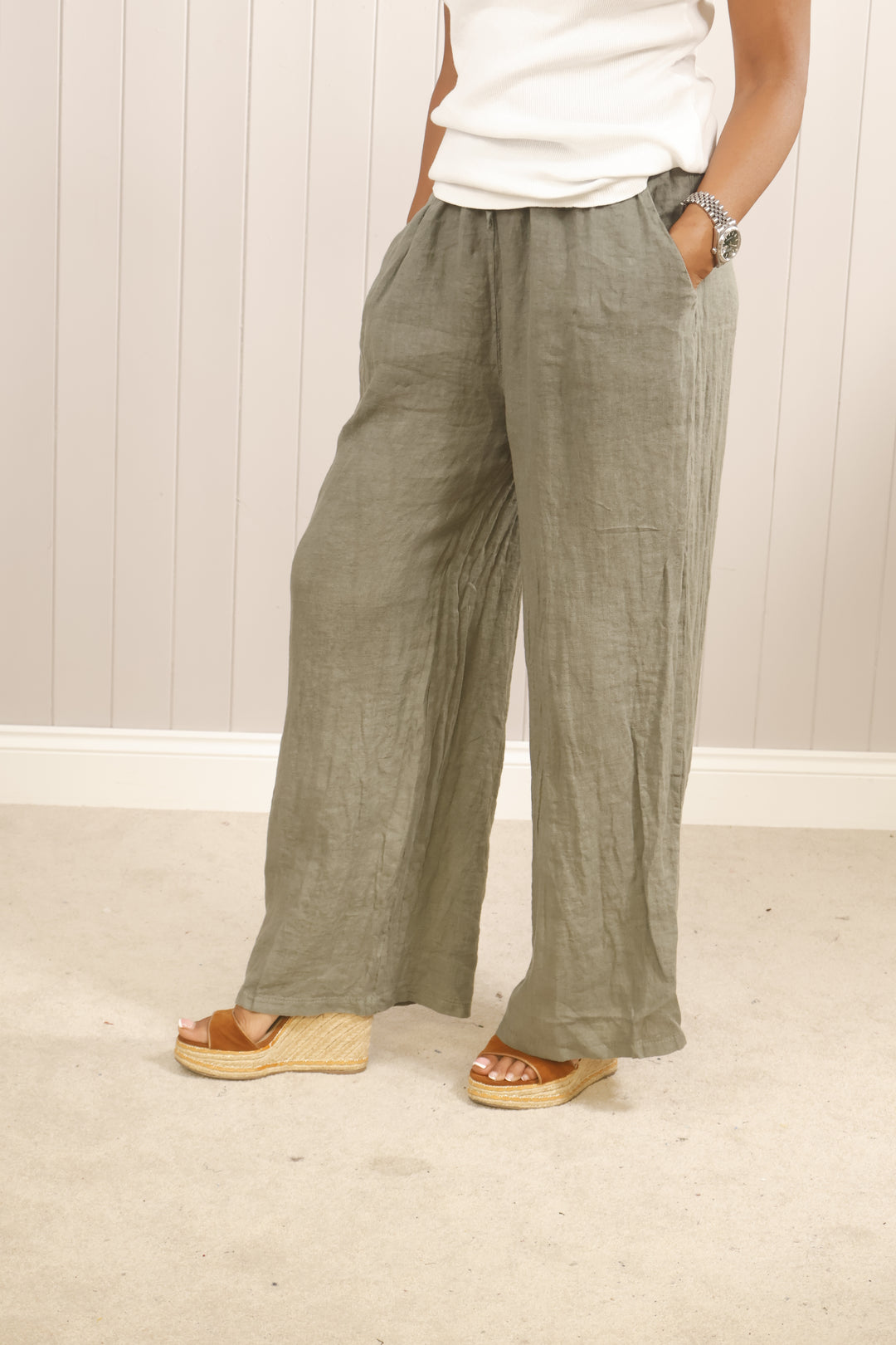 Linen Wide Leg Trousers Khaki