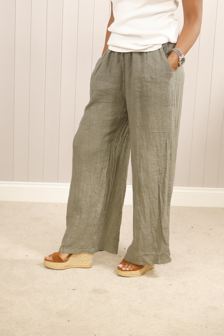 Linen Wide Leg Trousers Khaki