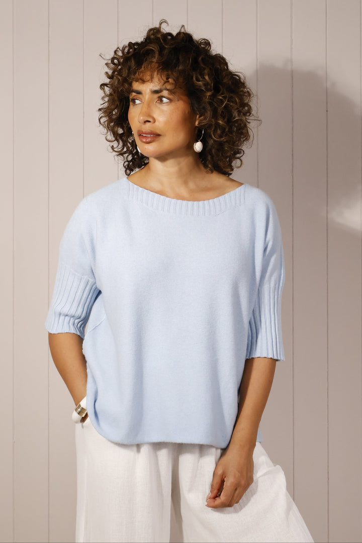 Maeve Ribbed Sleeve Top Blue
