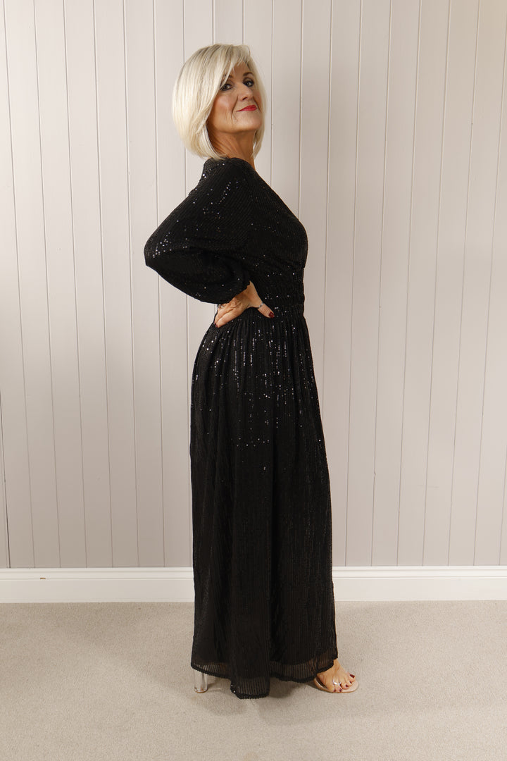 Long sleeve sequin maxi dress Black