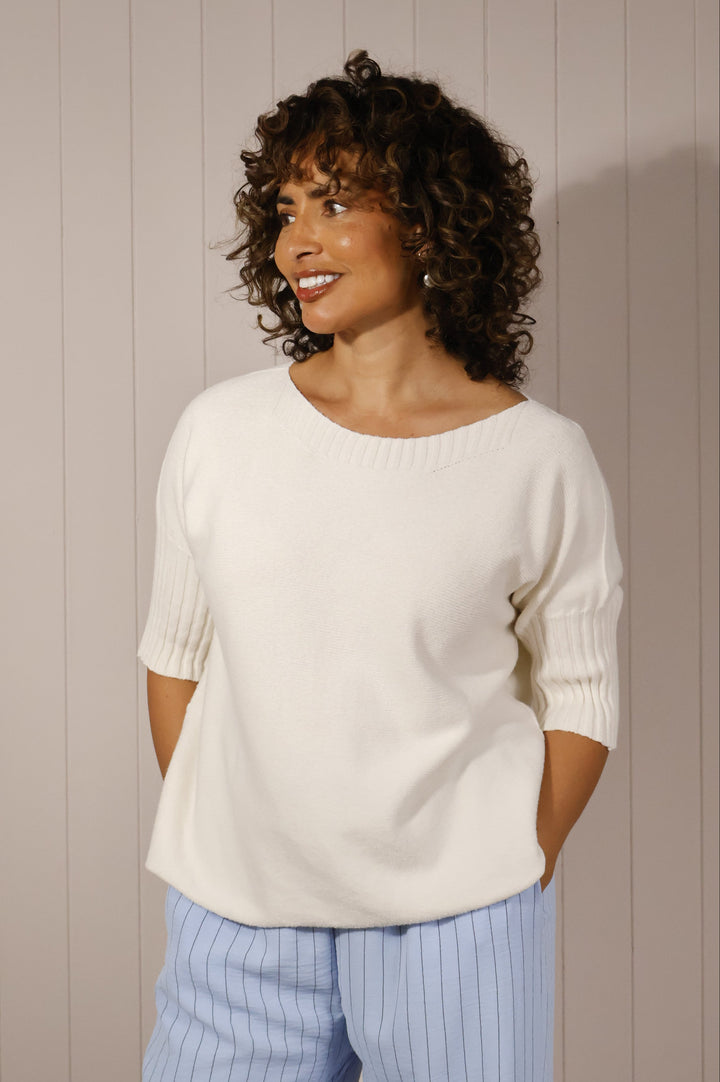 Maeve Ribbed Sleeve Top Cream