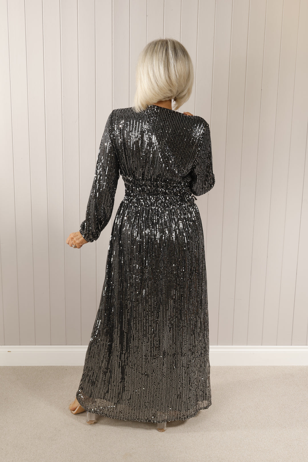 Long sleeve sequin maxi dress Silver