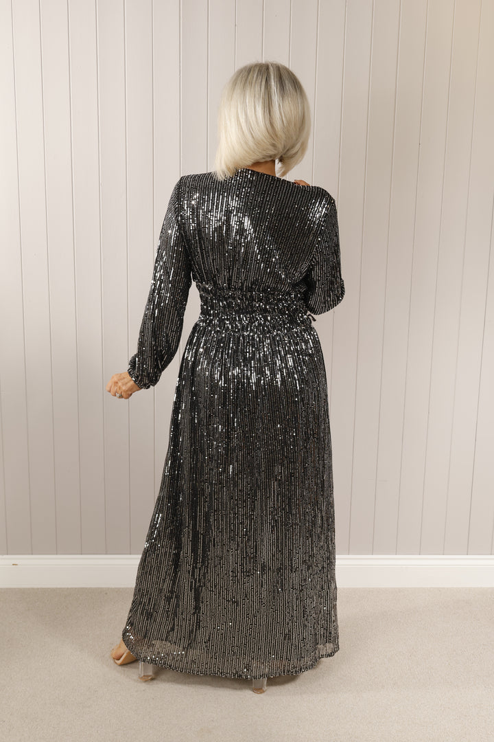 Long sleeve sequin maxi dress Silver