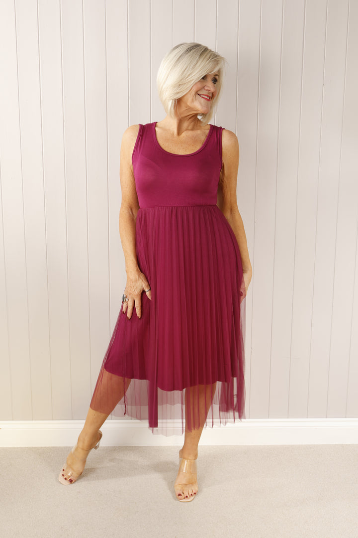 Tulle Pleated Dress Berry