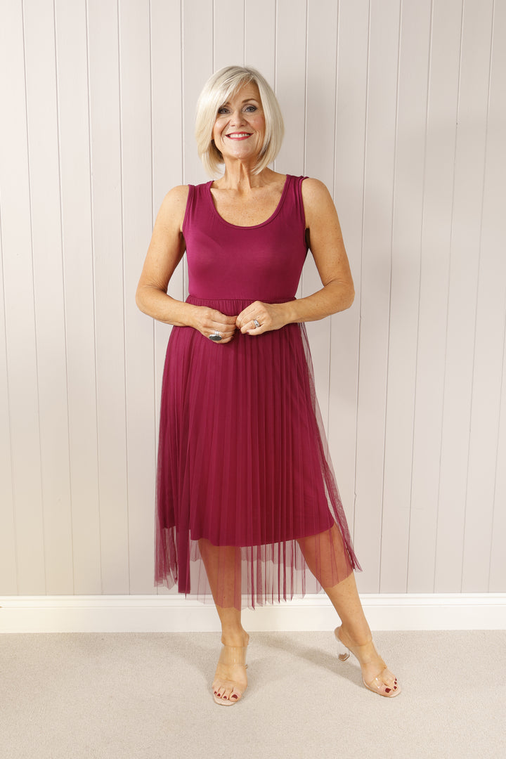 Tulle Pleated Dress Berry