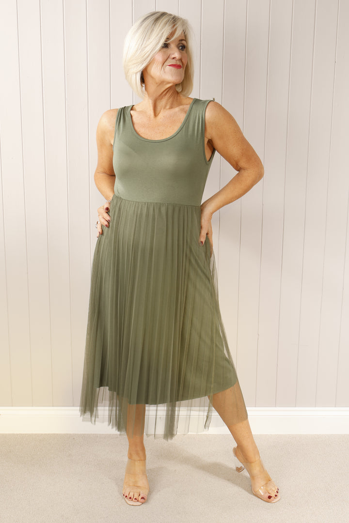 Tulle pleated dress  Khaki