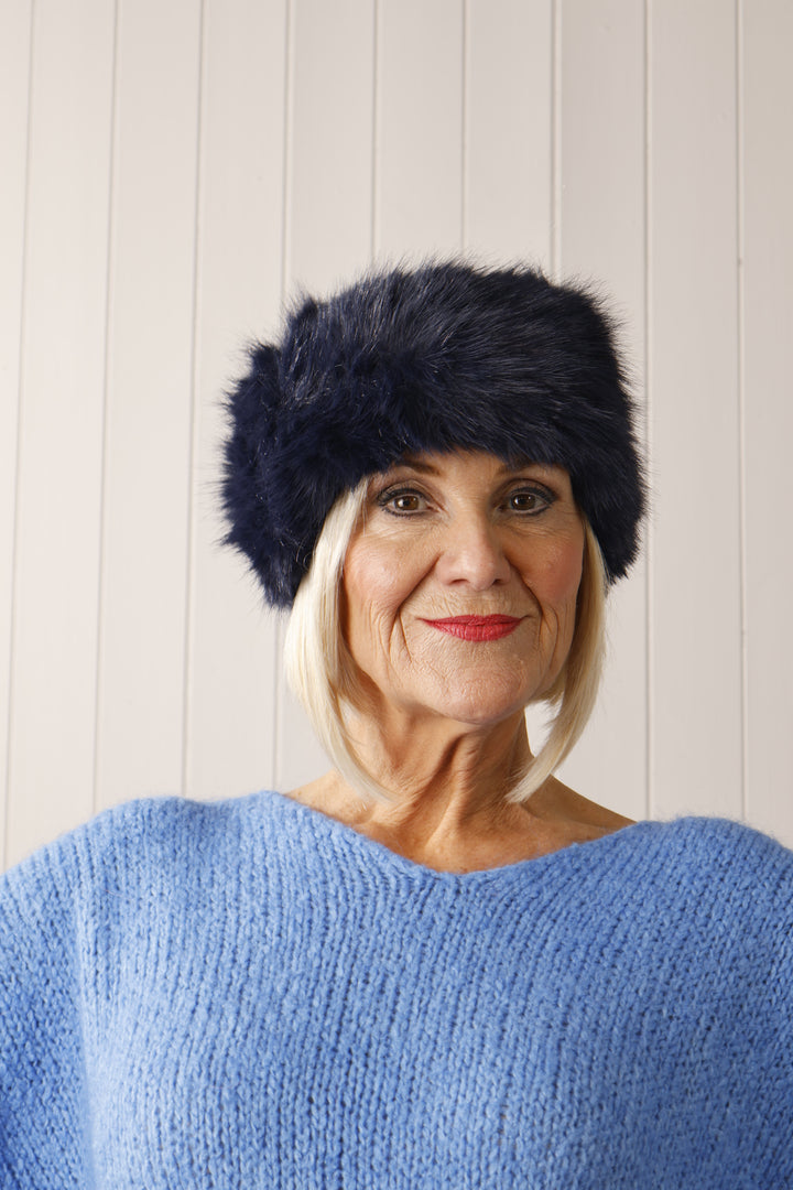 Faux Fur Headband  Navy