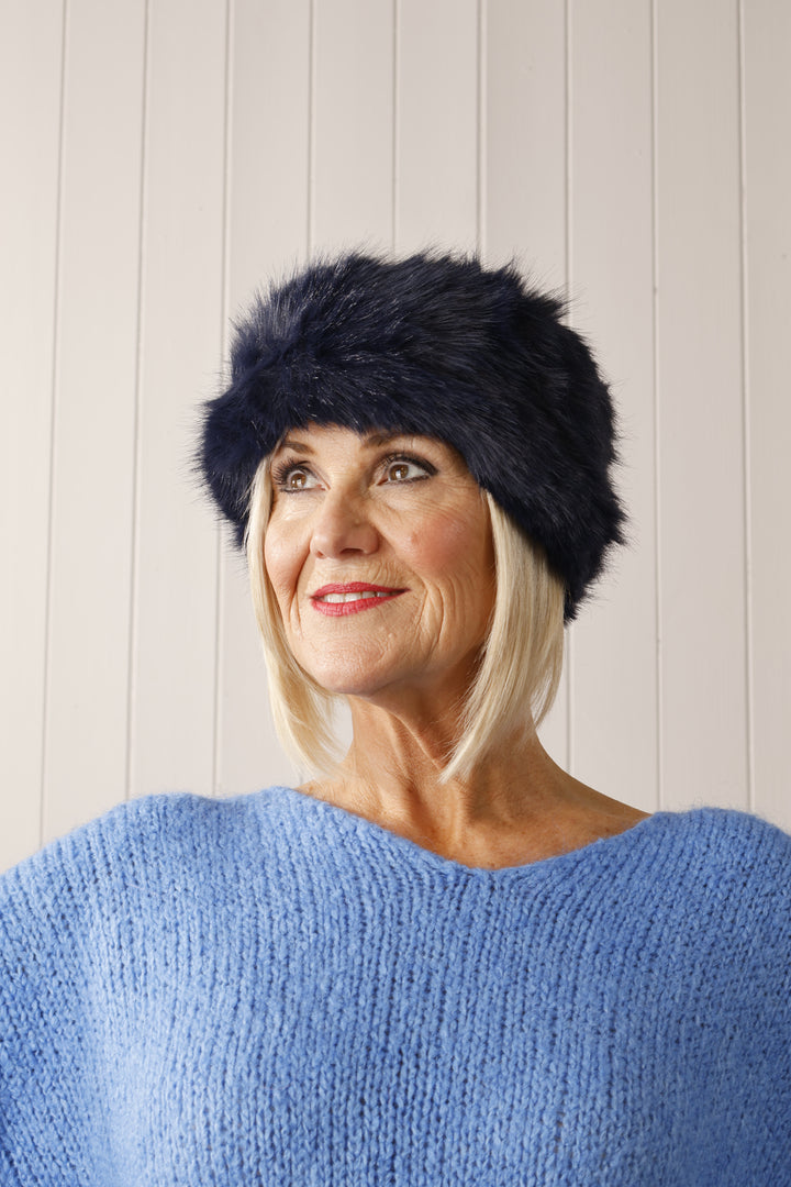 Faux Fur Headband  Navy