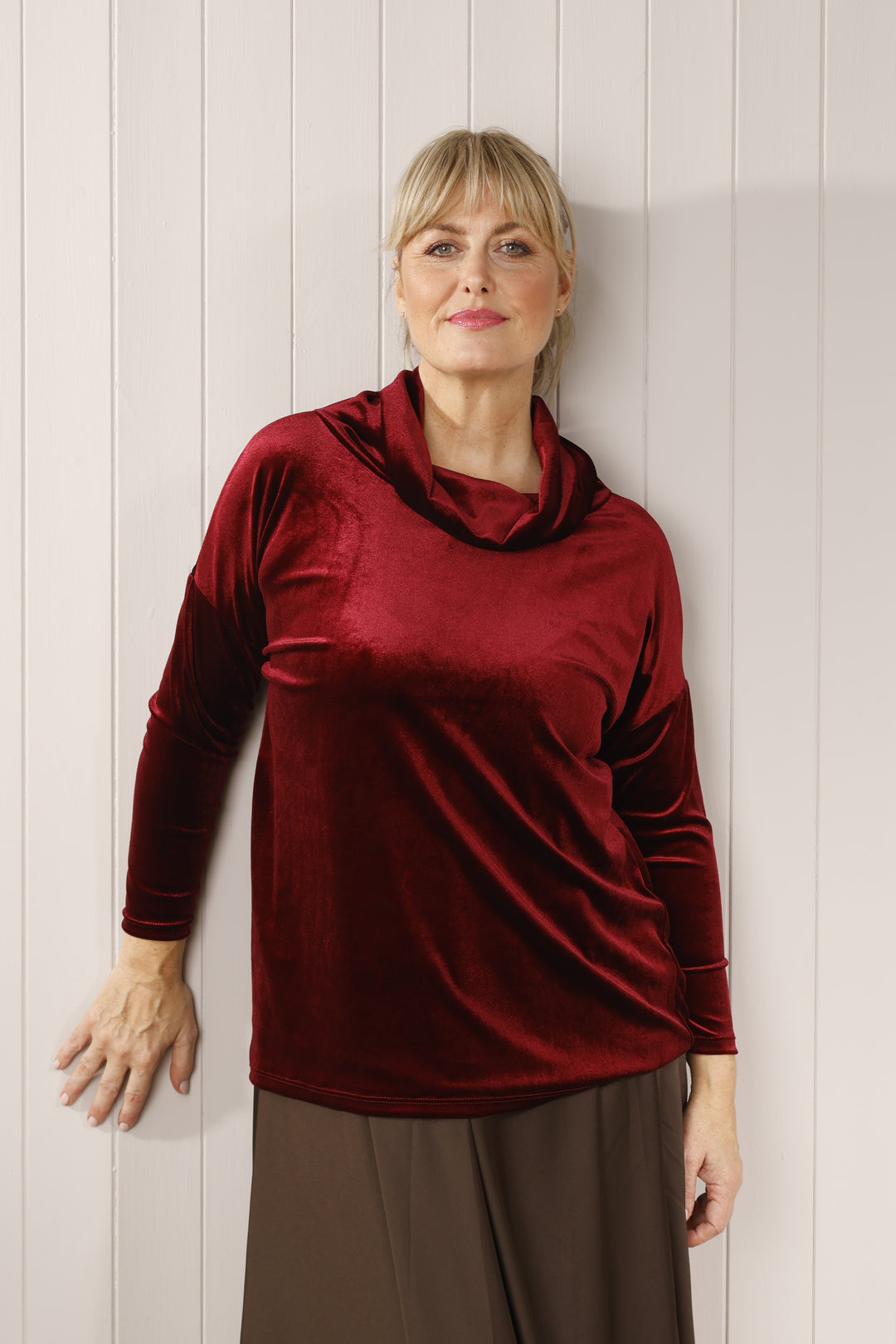 Sasha Cowl Neck Velour Top Wine