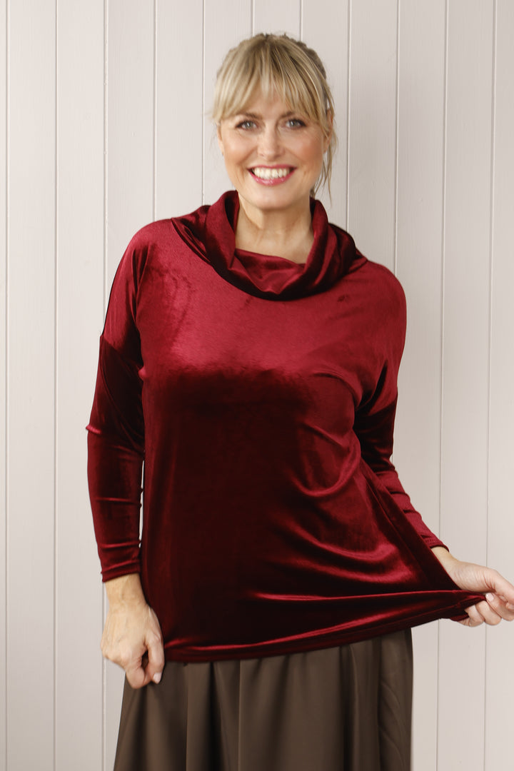 Sasha Cowl Neck Velour Top Wine