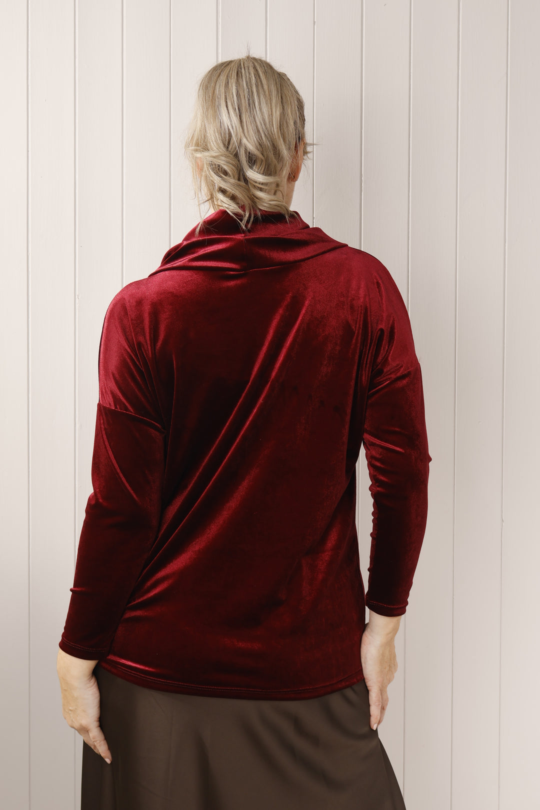 Sasha Cowl Neck Velour Top Wine