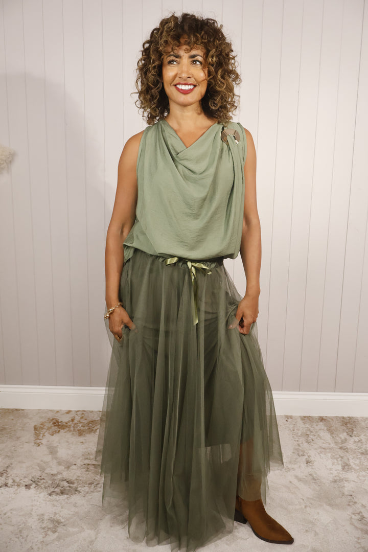 Tulle A-Line Skirt Khaki