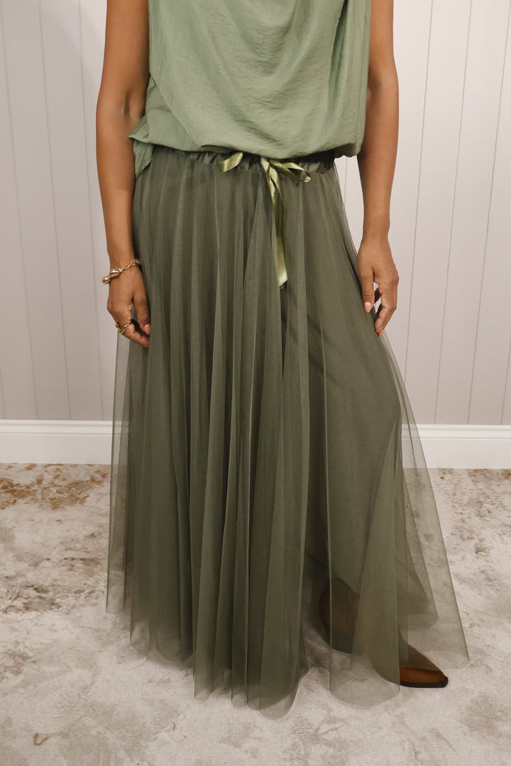 Tulle A-Line Skirt Khaki
