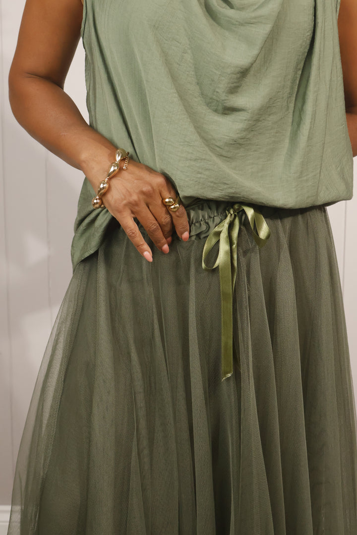 Tulle A-Line Skirt Khaki