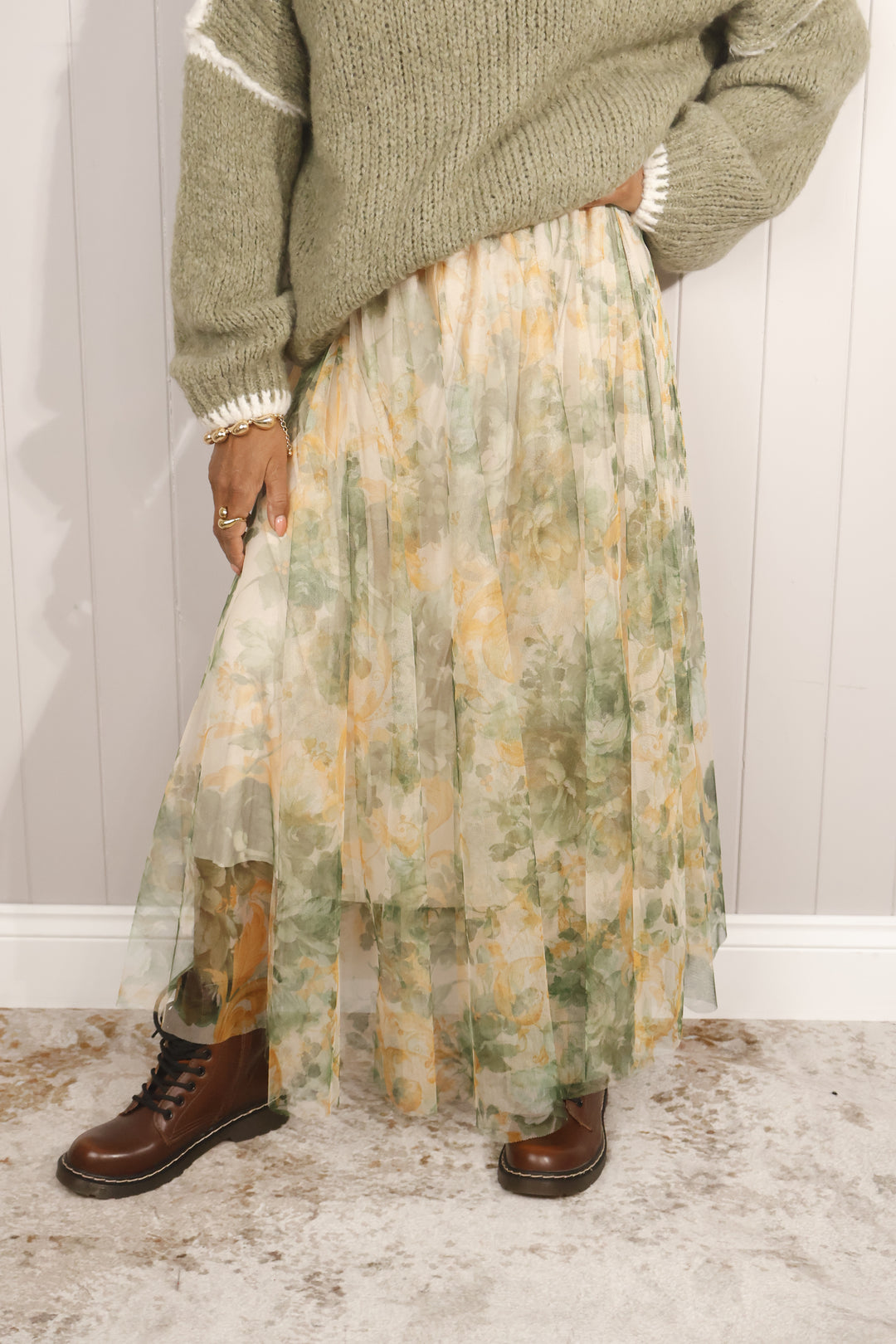 Floral Tulle Skirt Khaki
