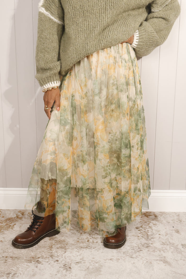 Floral Tulle Skirt Khaki