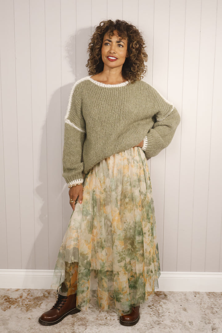 Floral Tulle Skirt Khaki