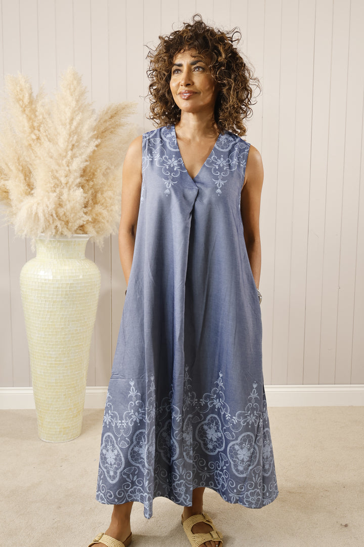 Duri Damask Dress Dark Blue