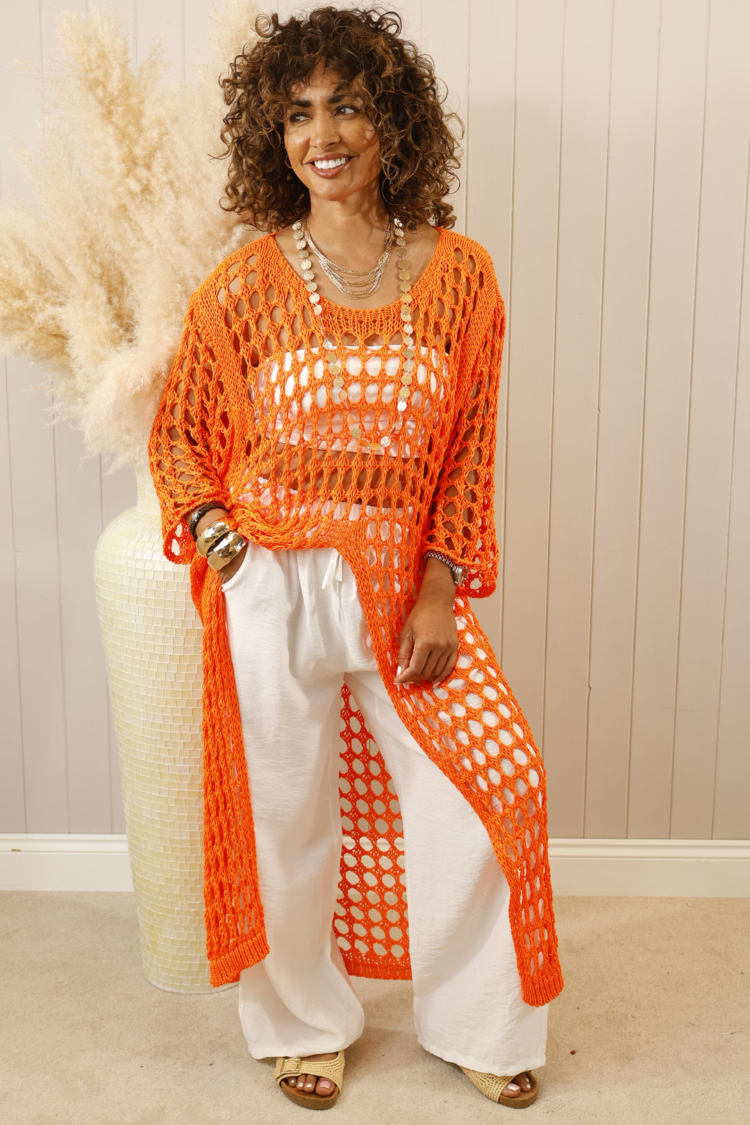 Ovidia  Cotton Open front crochet top Orange