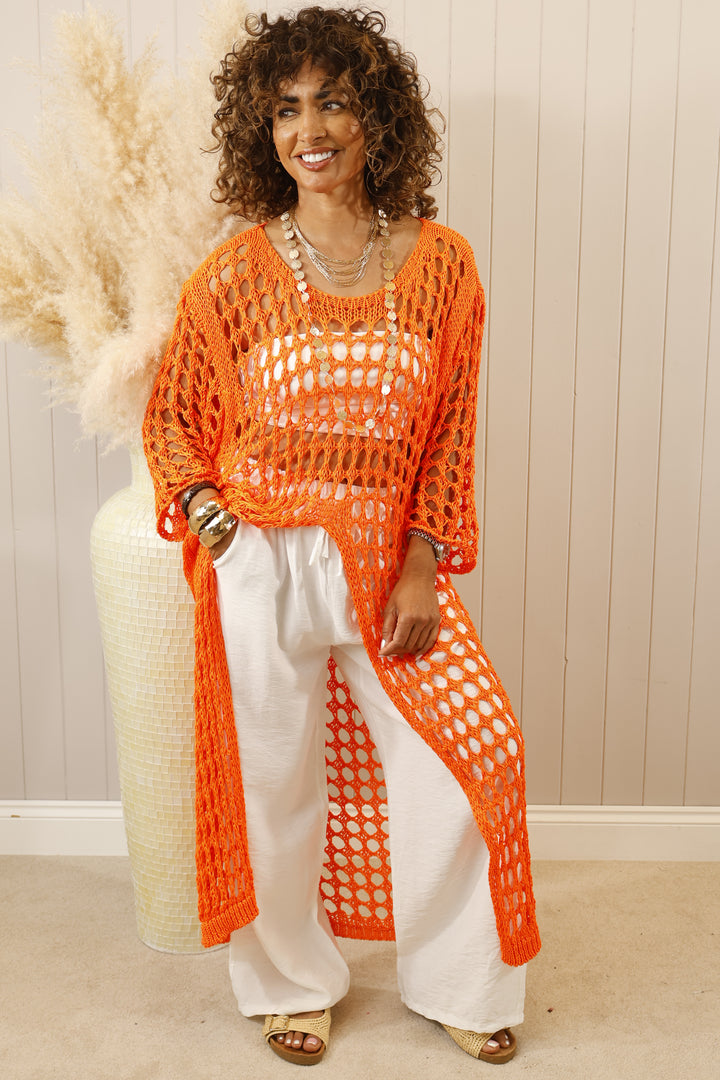 Ovidia  Cotton Open front crochet top Orange