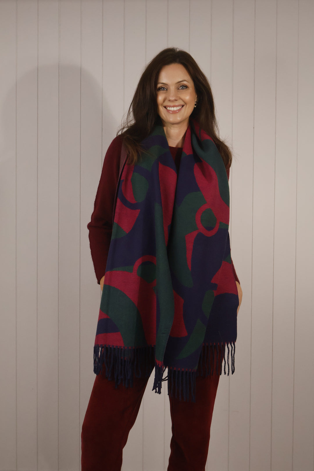 Abstract Print Cashmere Blend Scarf Navy