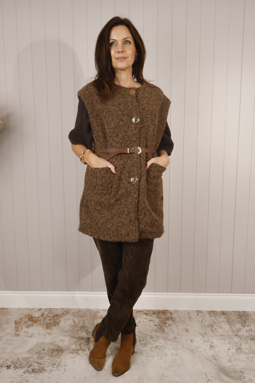 Bria Belted Sleeveless Jacket Chocolate