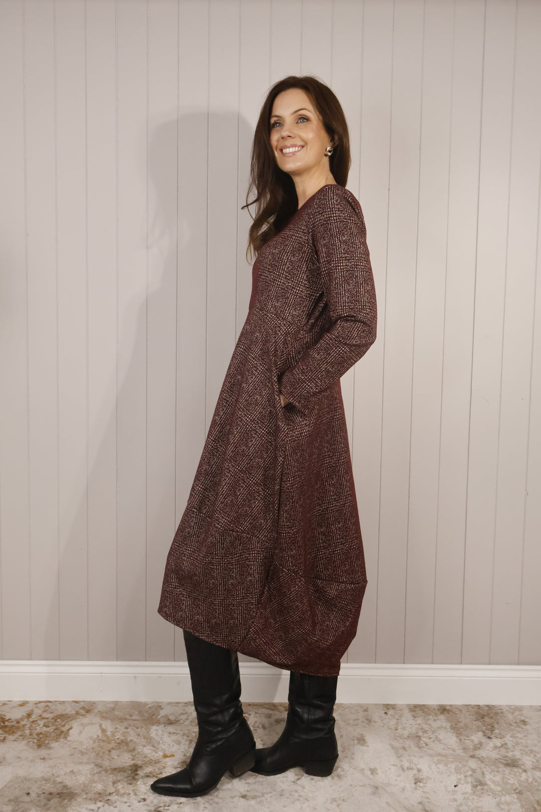 Clara Check Midi Dress Aubergine