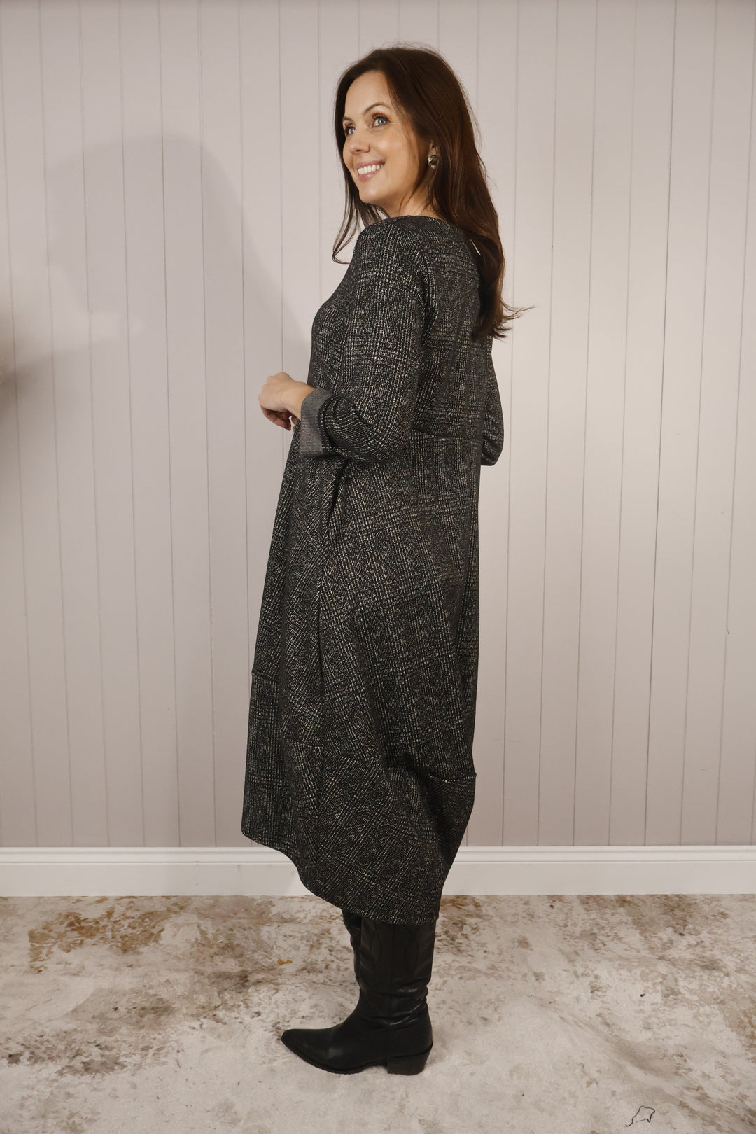 Clara Check Midi Dress Slate Grey