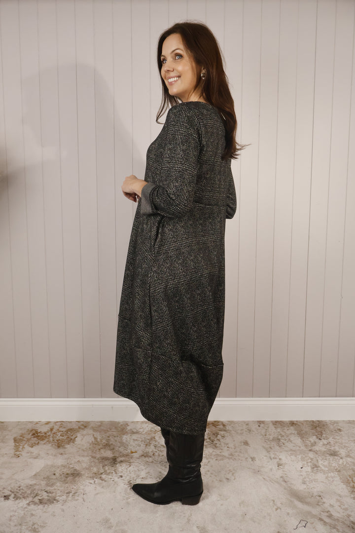 Clara Check Midi Dress Slate Grey