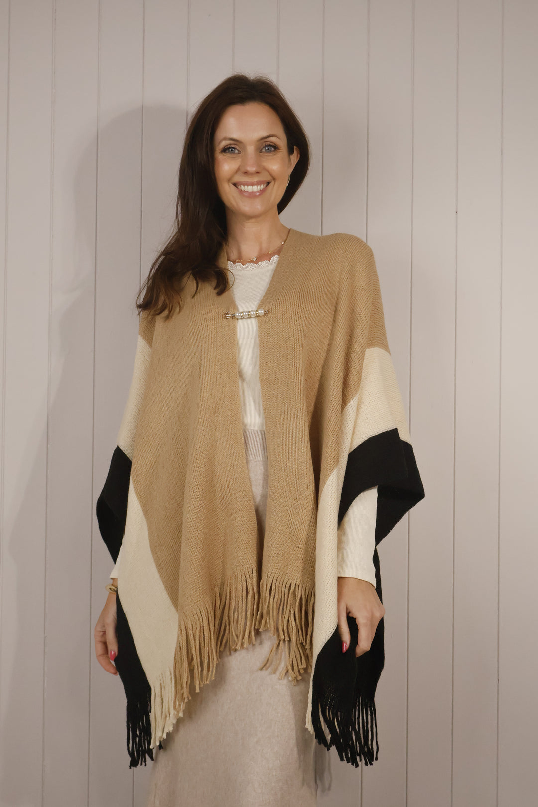 Colour Block Tassel Poncho Camel