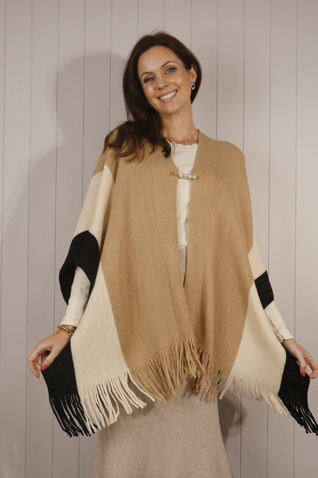 Colour Block Tassel Poncho Camel